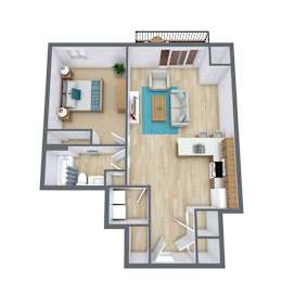 A 3D floor plan of a house with a living room, kitchen, and two bedrooms.