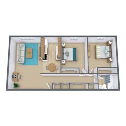 A 3D floor plan of a house with a kitchen, living room, and bathroom.