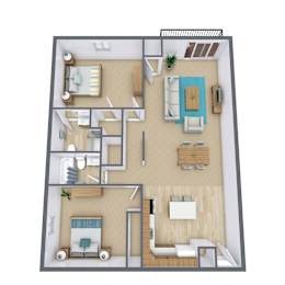 A 3D floor plan of a house with multiple rooms and furniture.