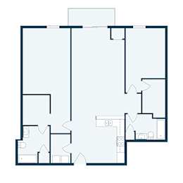 A floor plan of a house with a kitchen, living room, and two bedrooms.