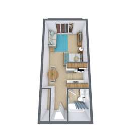 A 3D floor plan of a small apartment with a kitchen, living room, and bedroom.