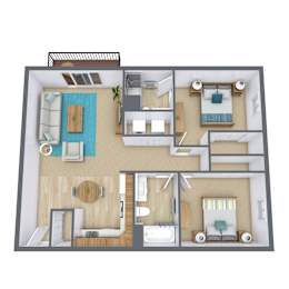 A 3D floor plan of a house with multiple rooms and furniture.