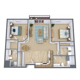 A top-down view of a house interior with a central living room, two bedrooms, a kitchen, and a bathroom.