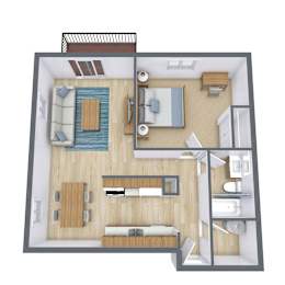 A 3D floor plan of a house with a kitchen, living room, and bathroom.