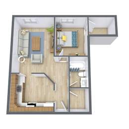 A 3D floor plan of a small apartment with a kitchen, living room, and bathroom.