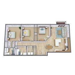 A 3D floor plan of a house with a kitchen, living room, and bedrooms.