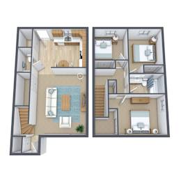 A floor plan of a two-story apartment with a living room, kitchen, and bedrooms.