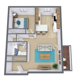 a 3d drawing of a bedroom with a living room