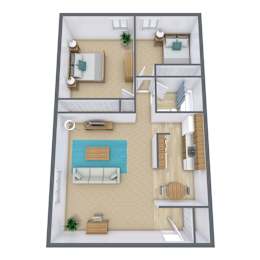 A 3D floor plan of a house with a pool.