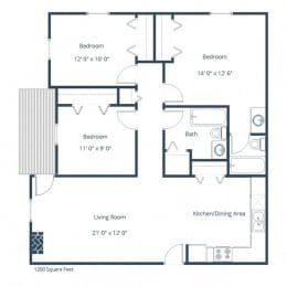Galleria 3 Apartments in Fargo, ND | Three Bedroom Floor Plan 32B