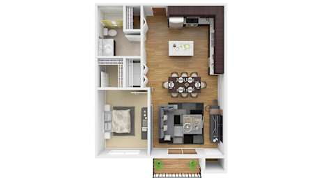 a stylized floor plan with a bedroom and a living room. Circle Pines, MN Lexington Lofts