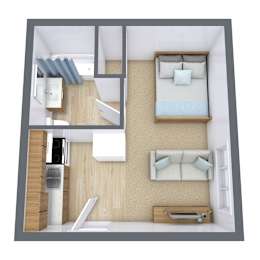 A 3D rendered image of a small apartment layout.
