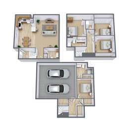 A floor plan of a house with two bedrooms, two bathrooms, a living room, a kitchen, and a garage.