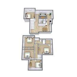 A floor plan of a two-story residential building with a staircase connecting the two levels.