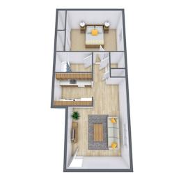 A top-down view of a small apartment with a bedroom, living room, and kitchen.