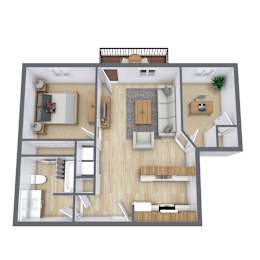 A 3D floor plan of a house with a living room, kitchen, dining room, and bedrooms.