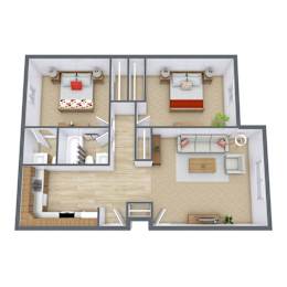A 3D floor plan of a house with a living room, kitchen, and two bedrooms.