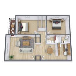 A top-down view of a modern living room with a kitchen area.