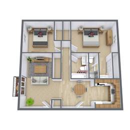 A 3D floor plan of a house with a kitchen, living room, dining room, and two bedrooms.