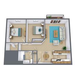 A 3D floor plan of a house with two bedrooms, a living room, a kitchen, and a bathroom.