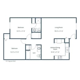 2 Bed 2 Bath 913 Sq. Ft. Floor Plan at Parkwest Gardens West Fargo, ND