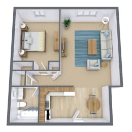a stylized floor plan of a bedroom with a bathroom and a living room