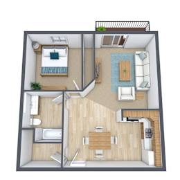 A 3D floor plan of a small apartment with a bedroom, living room, kitchen, and bathroom.