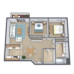 A 3D floor plan of a house with a living room, kitchen, dining room, and bedrooms.