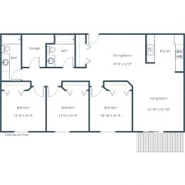 Oxford Apartments | Three Bedroom Floor Plan