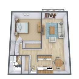A 3D floor plan of a house with a living room, kitchen, and bathroom.