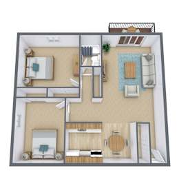 A 3D floor plan of a small apartment with two bedrooms, a living room, a kitchen, and a bathroom.