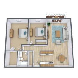 A 3D floor plan of a house with a kitchen, living room, and two bedrooms.