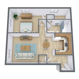 A 3D floor plan of a house with a living room, kitchen, and bathroom.