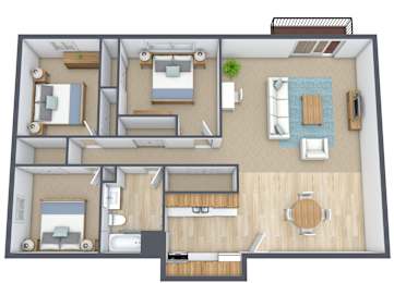 A 3D floor plan of a house showing a living room, kitchen, dining room, and two bedrooms.