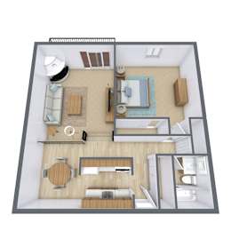 A top-down view of a small apartment with a kitchen, living room, and bathroom.