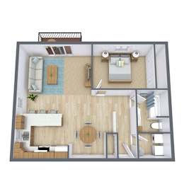 A 3D floor plan of a house with a living room, kitchen, dining room, and bedrooms.