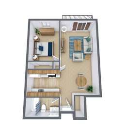A 3D floor plan of a small apartment with a living room, kitchen, and bedroom.