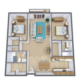A 3D floor plan of a house with a living room, kitchen, dining room, and bedrooms.