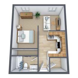 A 3D floor plan of a small apartment with a bedroom, living room, and bathroom.