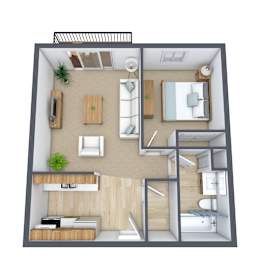 A 3D floor plan of a small apartment with a kitchen, living room, and bathroom.