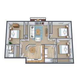 A 3D floor plan of a house with a kitchen, living room, dining room, and bathrooms.