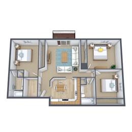 A 3D floor plan of a house with a kitchen, living room, and two bedrooms.