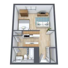 A top-down view of a small apartment with a living room, kitchen, and bathroom.