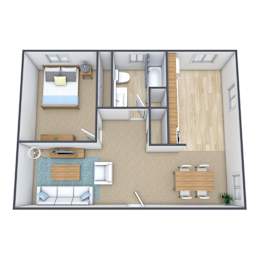 A 3D floor plan of a small apartment with a bedroom, living room, and kitchen.