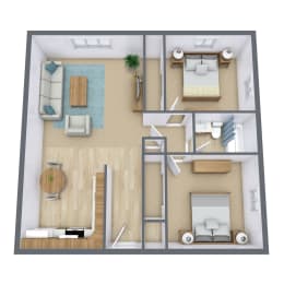 a bedroom with a living room and a dining room