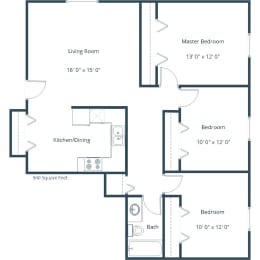 Belmont Apartments in Bismarck, ND | Three Bedroom Floor Plan 31A