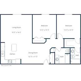 A floor plan of a small apartment with a living room, kitchen, dining room, and two bedrooms.