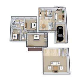 A 3D floor plan of a house with a garage and a car.