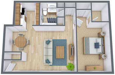 A 3D floor plan of a small apartment with a kitchen, living room, and bedroom.