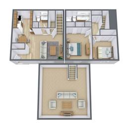 A 3D floor plan of a house with multiple rooms and a staircase.